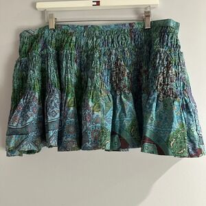 American Star Paisley Mini‎ Skirt Womens XL Teal Green Boho Tiered Smock